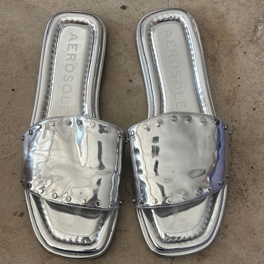 AEROSOLES Metallic Silver Slide Sandals